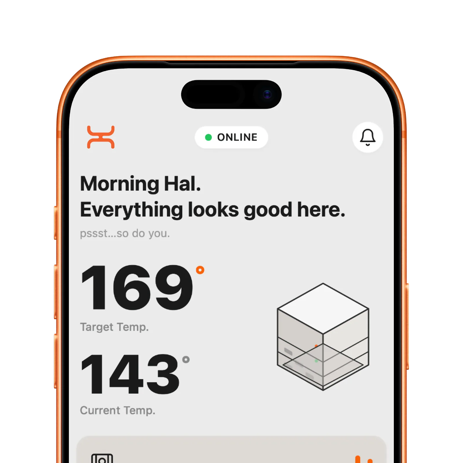 The Heatoshi app showing the heater's controls and status