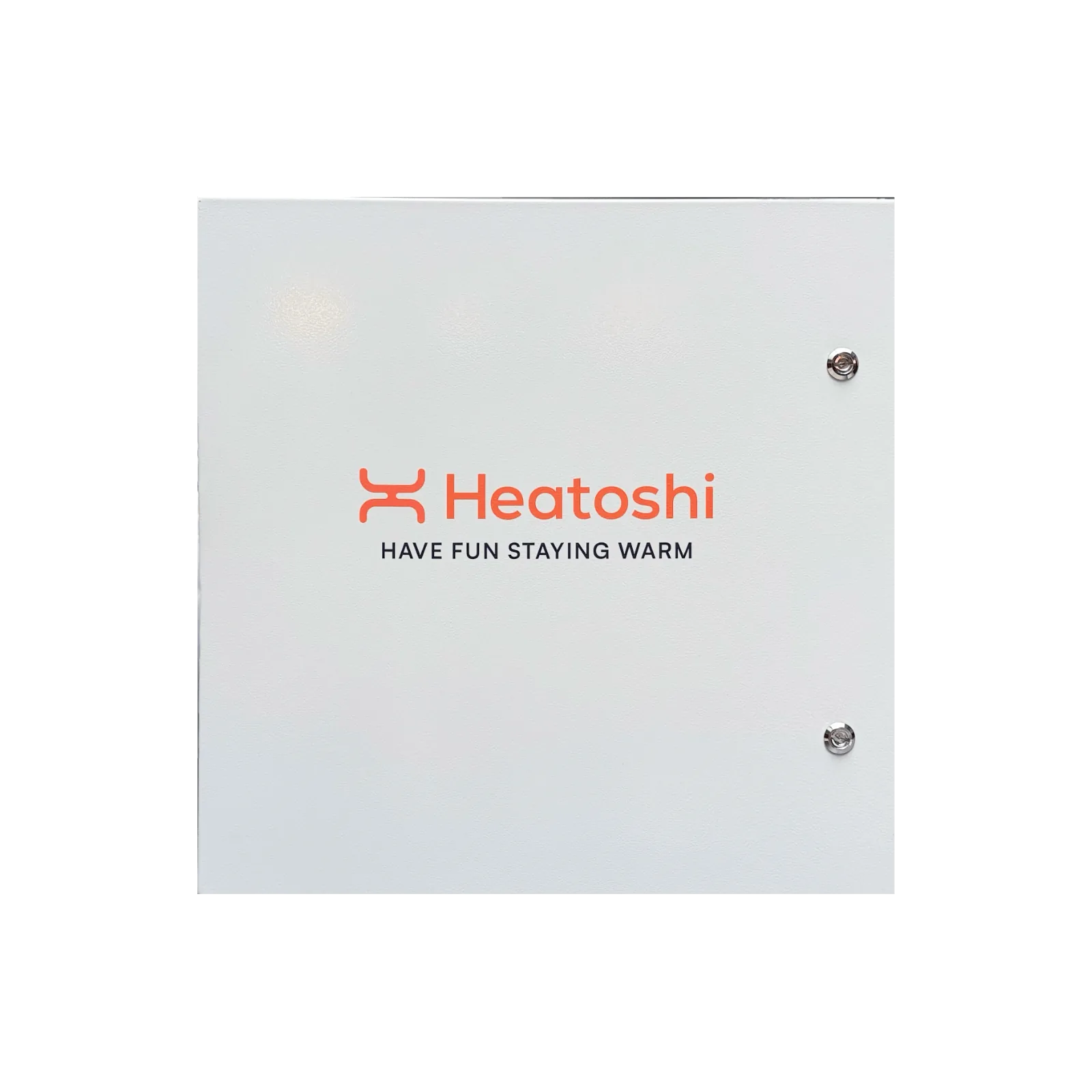 Front view of the Heatoshi unit: a white wall-mount steel enclosure with the Heatoshi logo, Have Fun Staying Warm wordmark, and two chrome latches