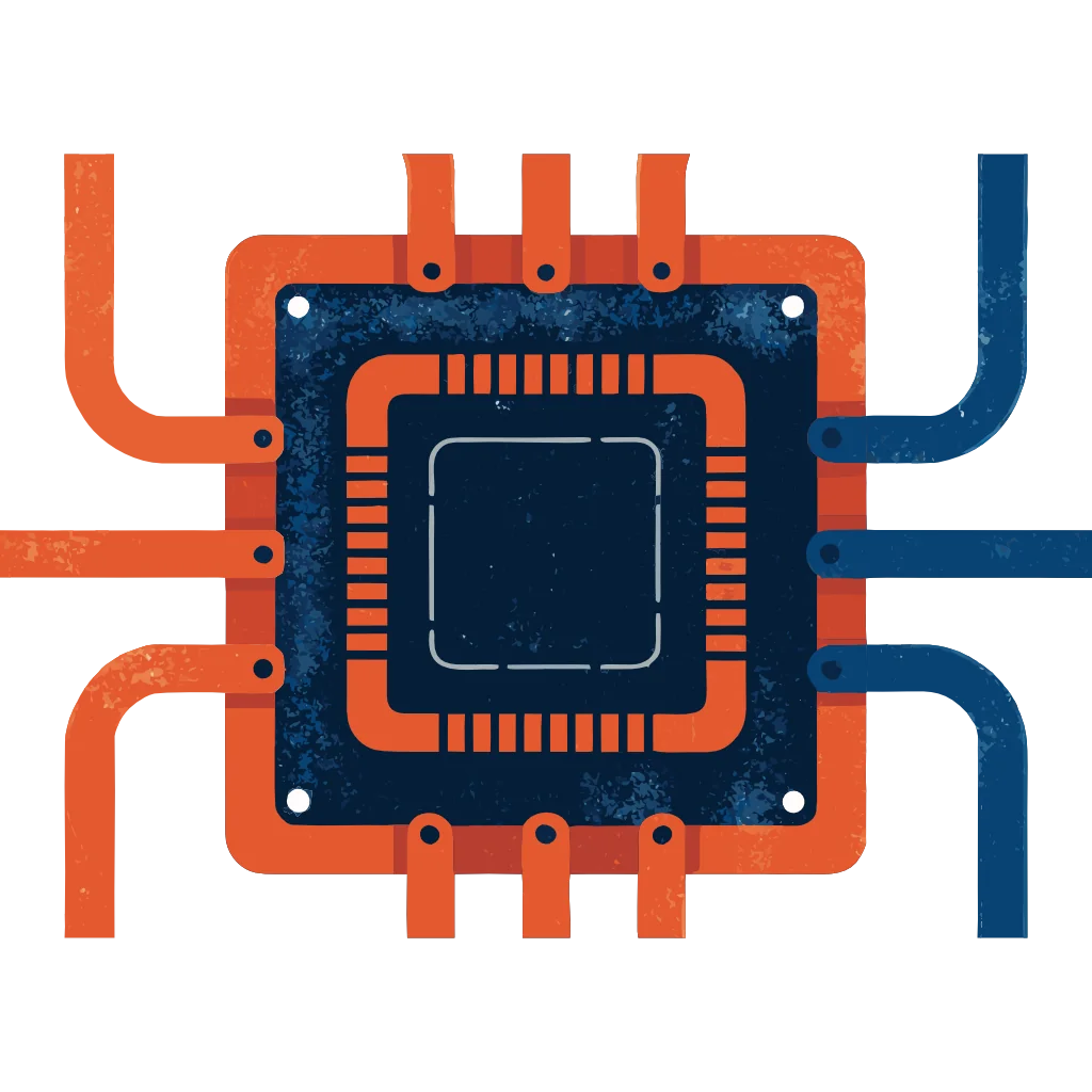 Illustration of a hot processor chip with coolant pipes capturing its heat