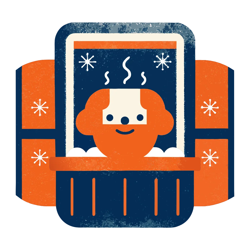Illustration of a person staying warm indoors on a snowy day