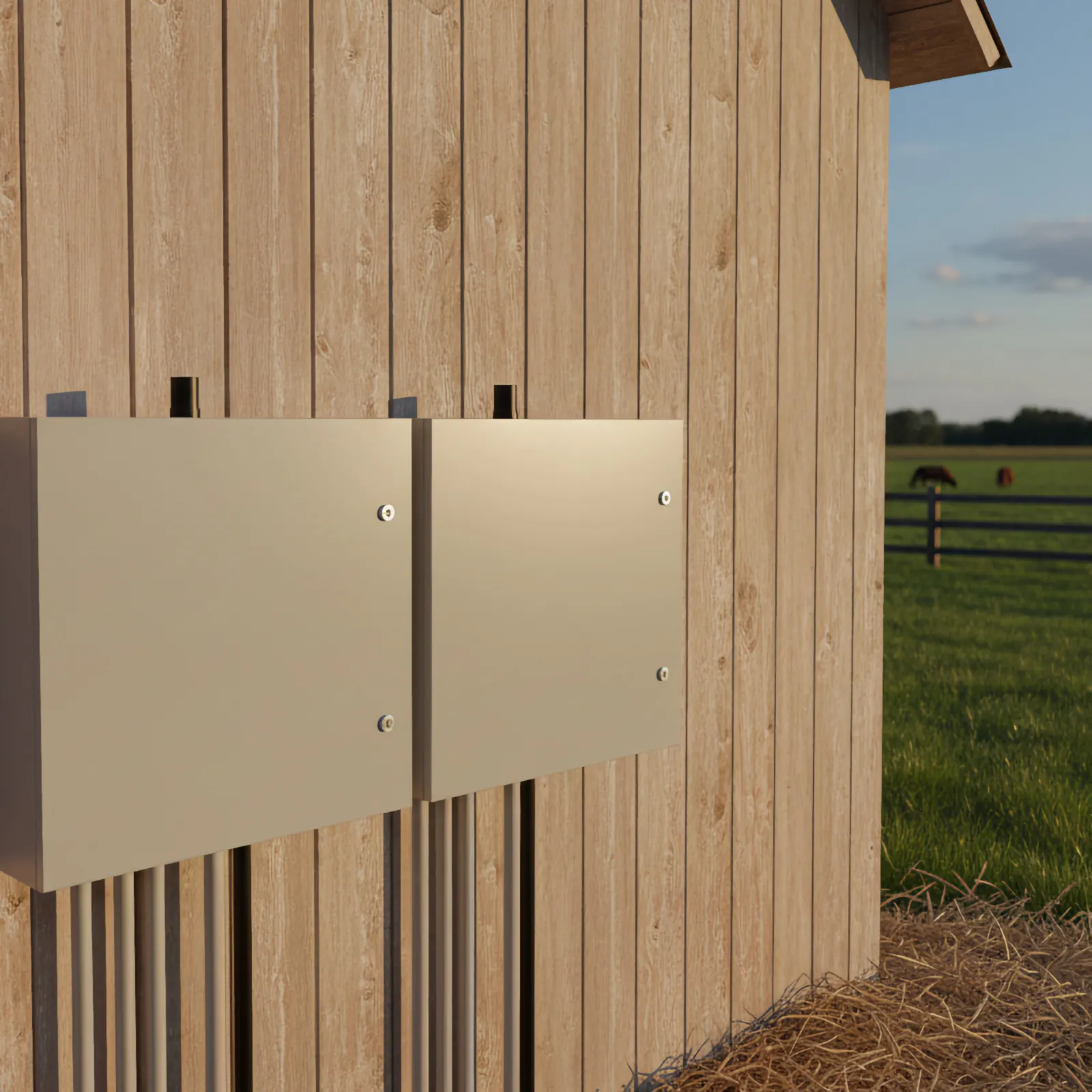 Concept render of two Heatoshi units mounted side by side on a barn wall, with horses grazing in the pasture beyond