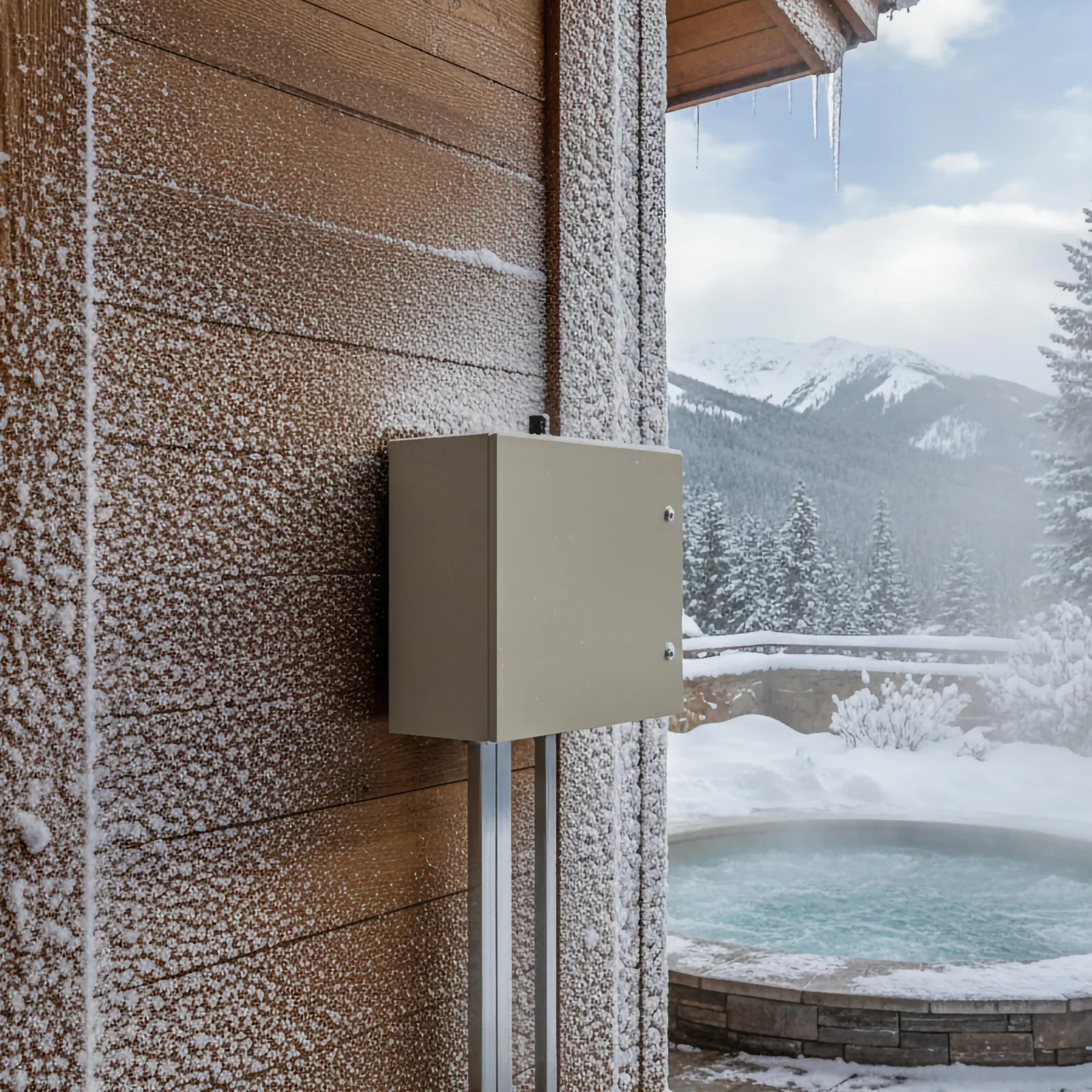 Concept render of a Heatoshi unit mounted on a frost-covered cabin wall, with a steaming hot tub in the snow and mountains beyond