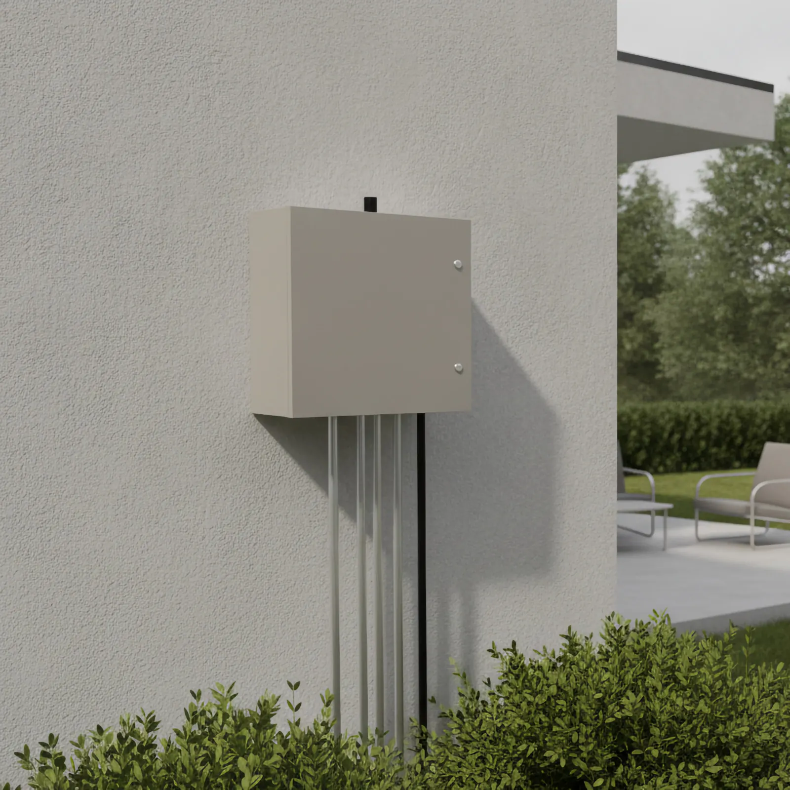Concept render of a Heatoshi unit mounted on the exterior wall of a modern home, with a patio and garden beyond