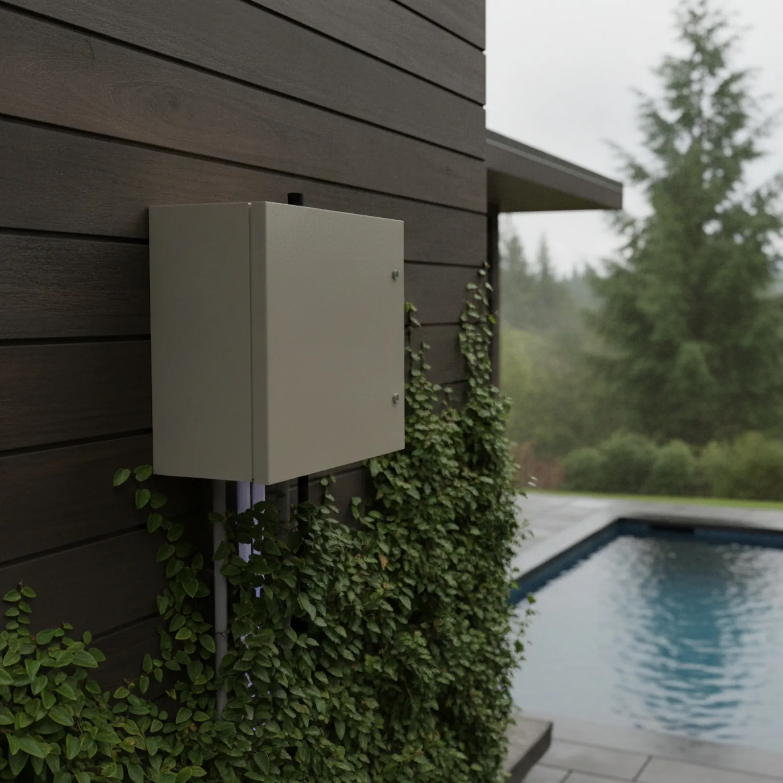 Concept render of a Heatoshi unit mounted on the exterior wall of a modern home beside a swimming pool
